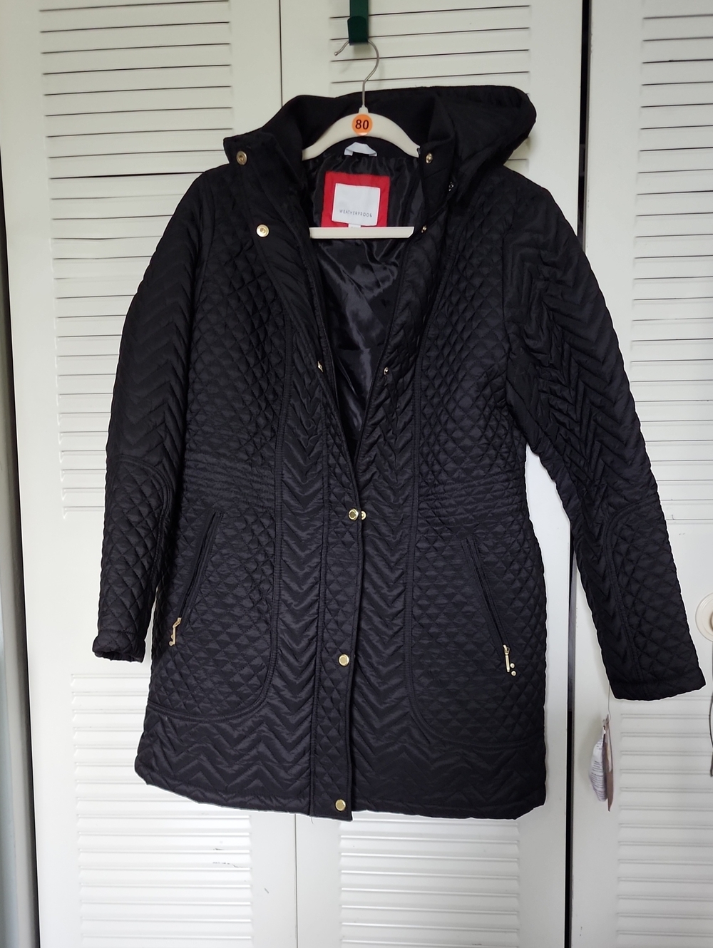 80-NWT-Weatherproof Black Quilted Hooded Puffer Coat with Gold Accents (XL)